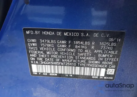 2015 Honda Fit Ex/Ex-L z USA, uszkodzony, nr VIN 3HGGK5H85FM725410